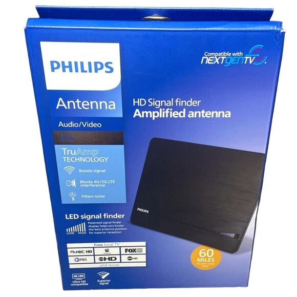 Philips Elite TV Antenna Amplified Indoor Signal Finder 10ft Coax Black NEW - Picture 1 of 4